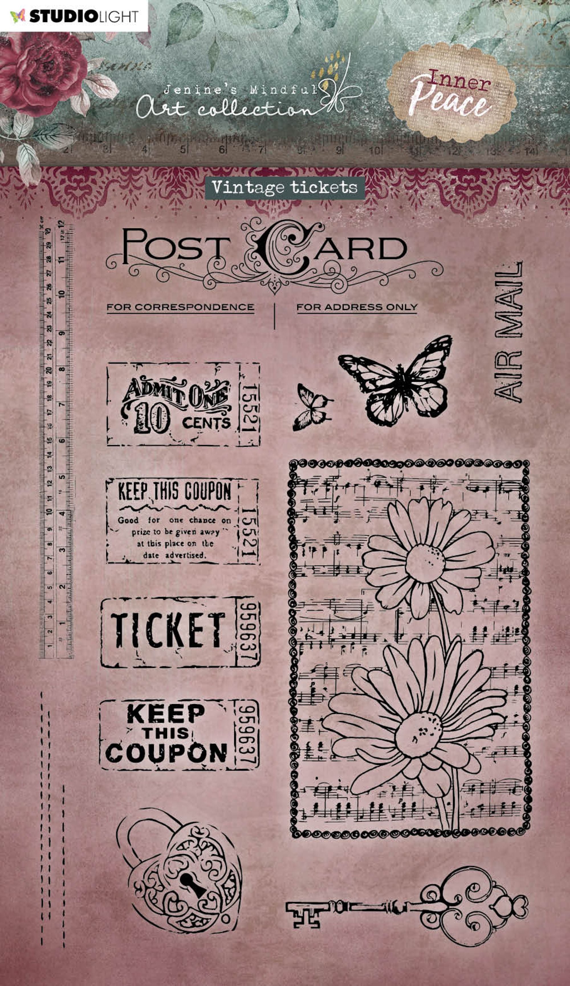 JMA Clear Stamp Vintage Tickets Inner Peace 148x210x3mm 13 PC nr.277