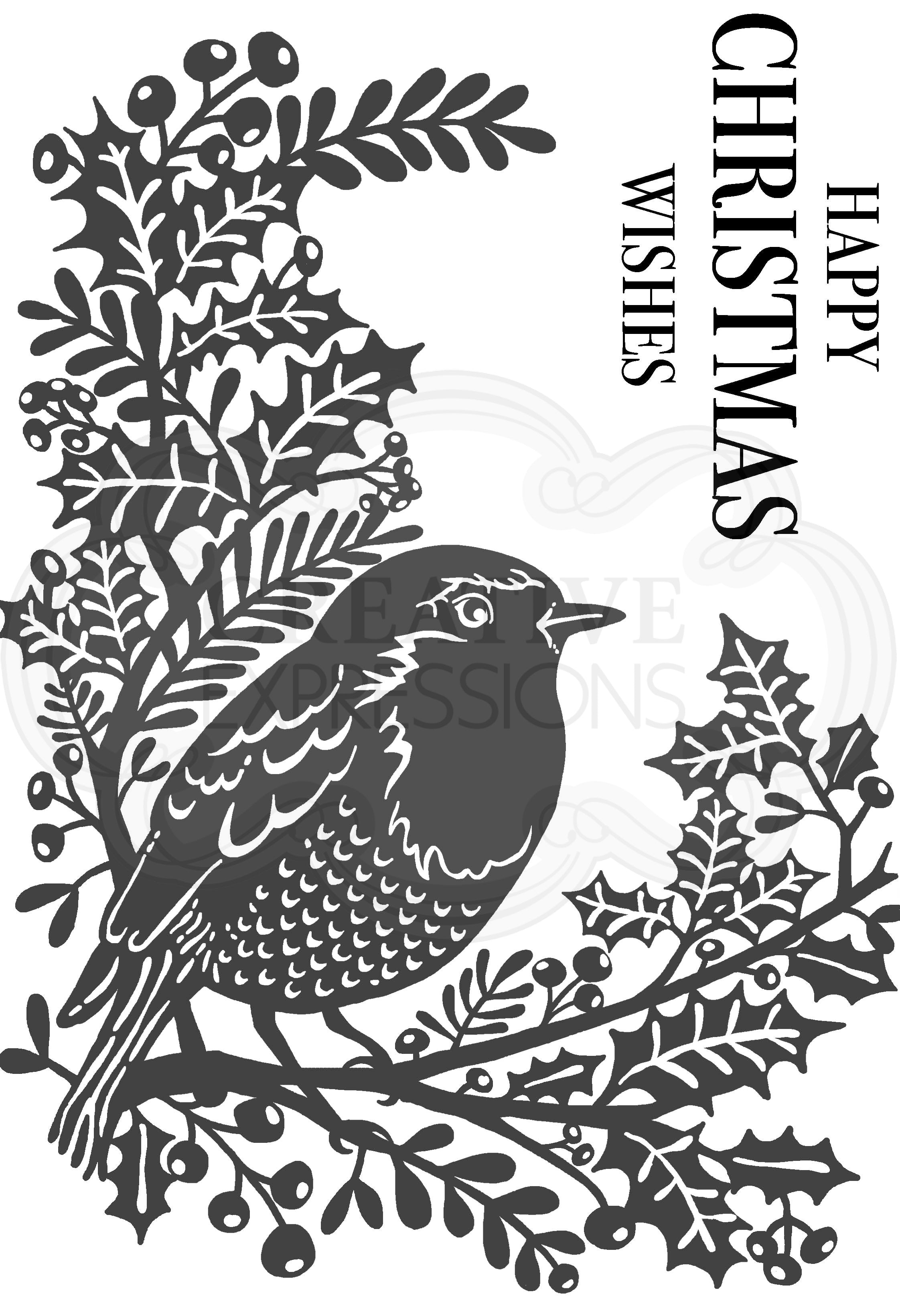 Woodware Clear Singles Lino Cut - Robin and Holly 4 in x 6 in Stamp