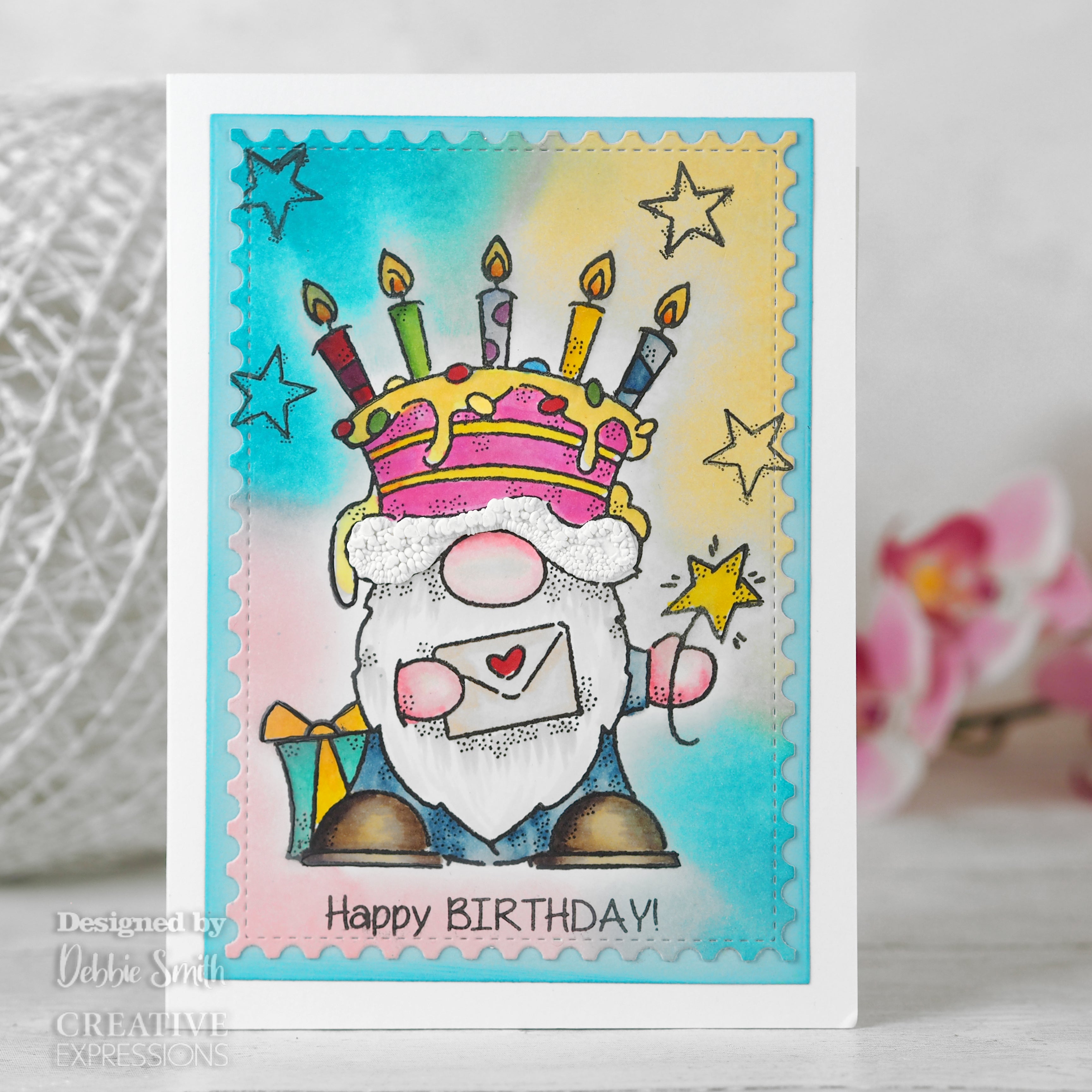 Woodware Clear Singles Birthday Cake Gnome 4 in x 6 in Stamp