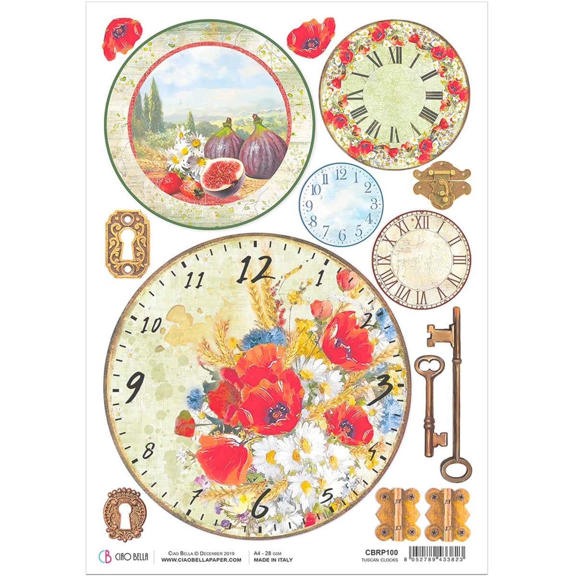 Ciao Bella Rice Paper A4 Tuscan Clocks